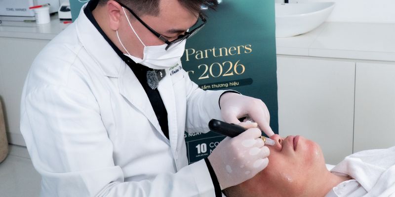 Bác sĩ trực tiếp thực hành dịch vụ peel da và lăn phi kim
