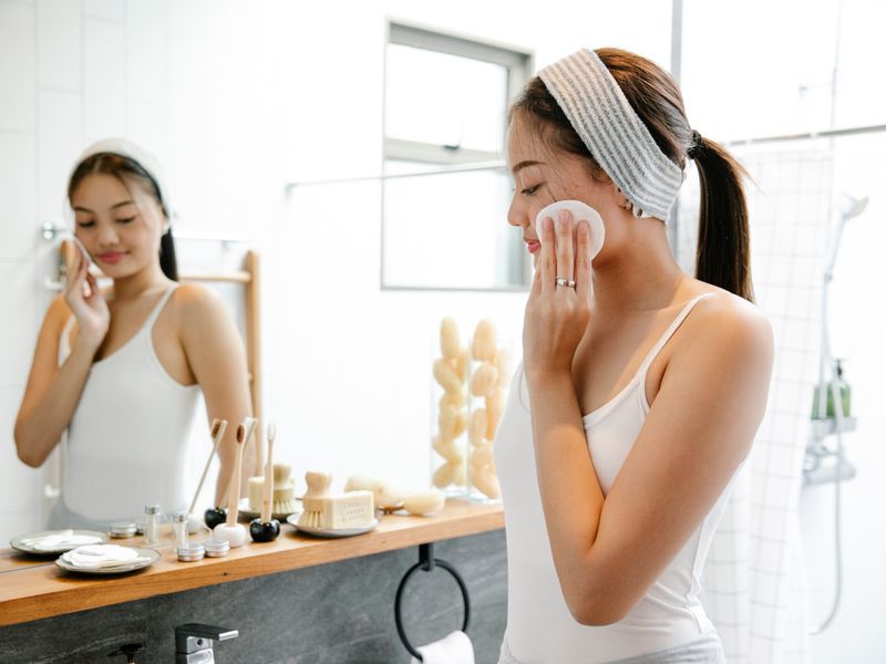 Phụ nữ châu Á làm sạch da bằng bông tẩy trang trước khi dùng serum tranexamic acid